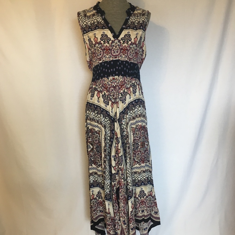 Bila Navy Print Maxi Dress Handkerchief Hem